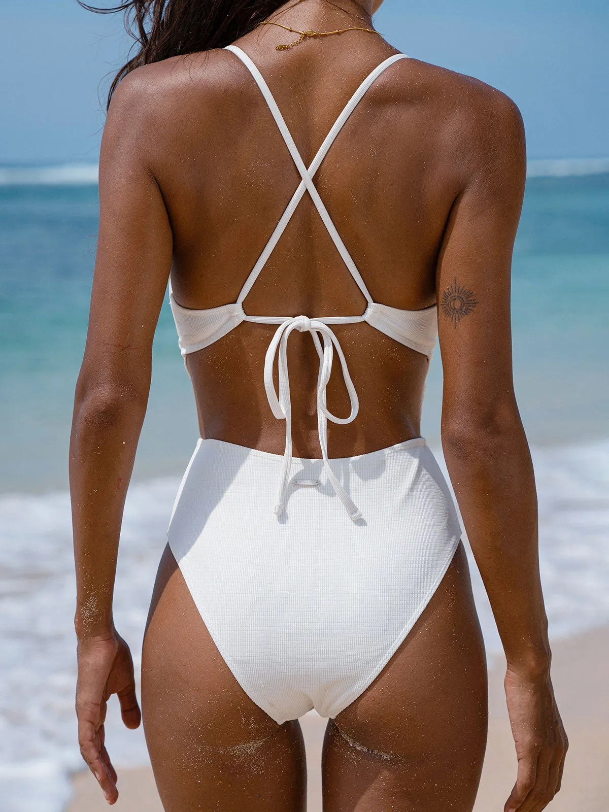 White Textured Plunge One-Piece Swimsuit sold by BERLOOK product image thumbnail 2
