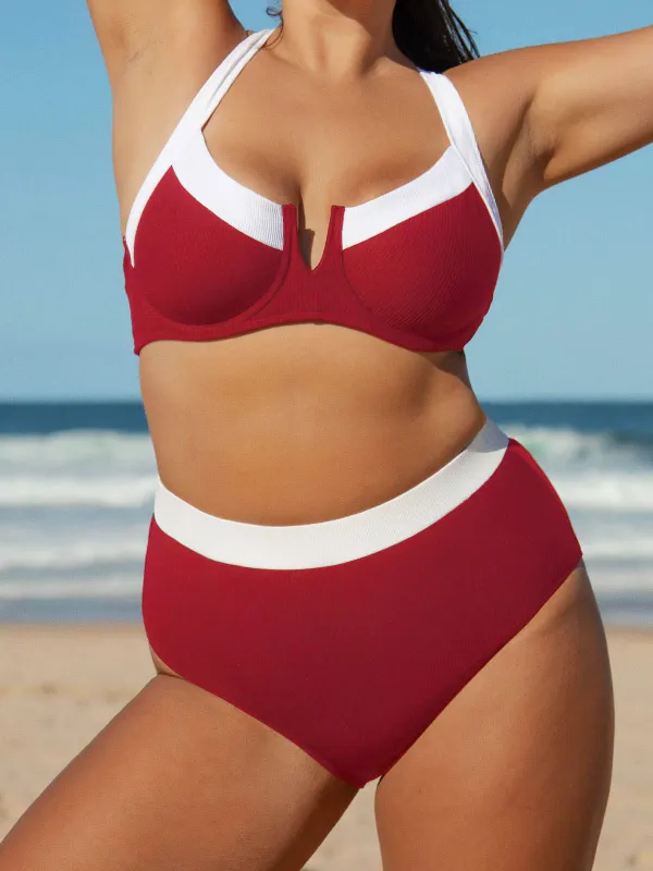 Red Contrast V Notch Plus Size Bikini Top sold by BERLOOK