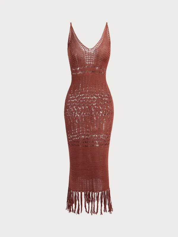 Brown V-Neck Crochet Cover-Up Dress sold by BERLOOK