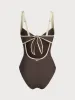 Dark Coffee Contrast Trim Knotted One-Piece Swimsuit sold by BERLOOK