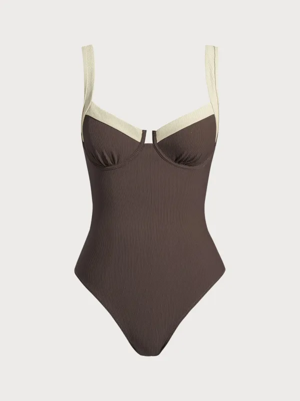 Dark Coffee Contrast Trim Knotted One-Piece Swimsuit sold by BERLOOK