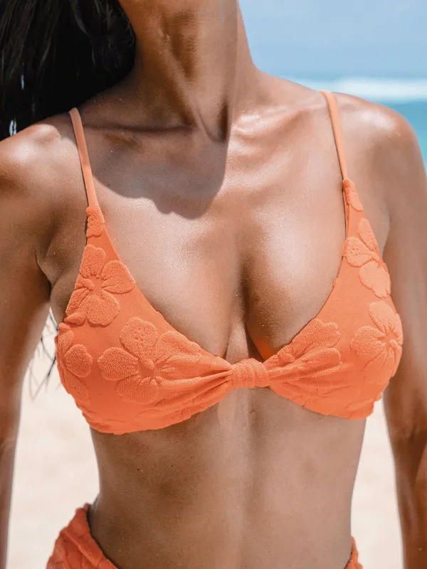 Orange Floral Jacquard Knot Bikini Top sold by BERLOOK