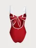Red Contrast Trim Knotted One-Piece Swimsuit sold by BERLOOK