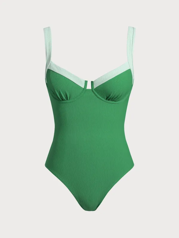 Green Contrast Trim Knotted One-Piece Swimsuit sold by BERLOOK