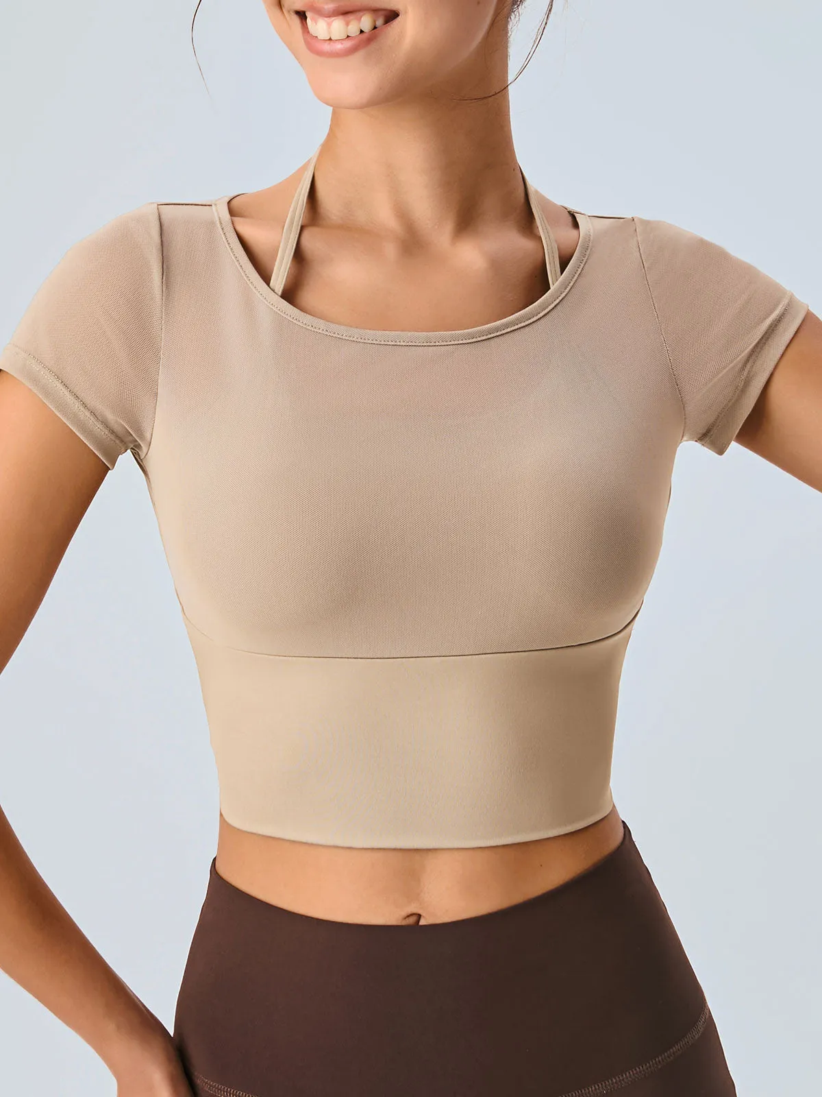 Khaki Backless Cross Short Sleeve Top sold by BERLOOK product image thumbnail 2