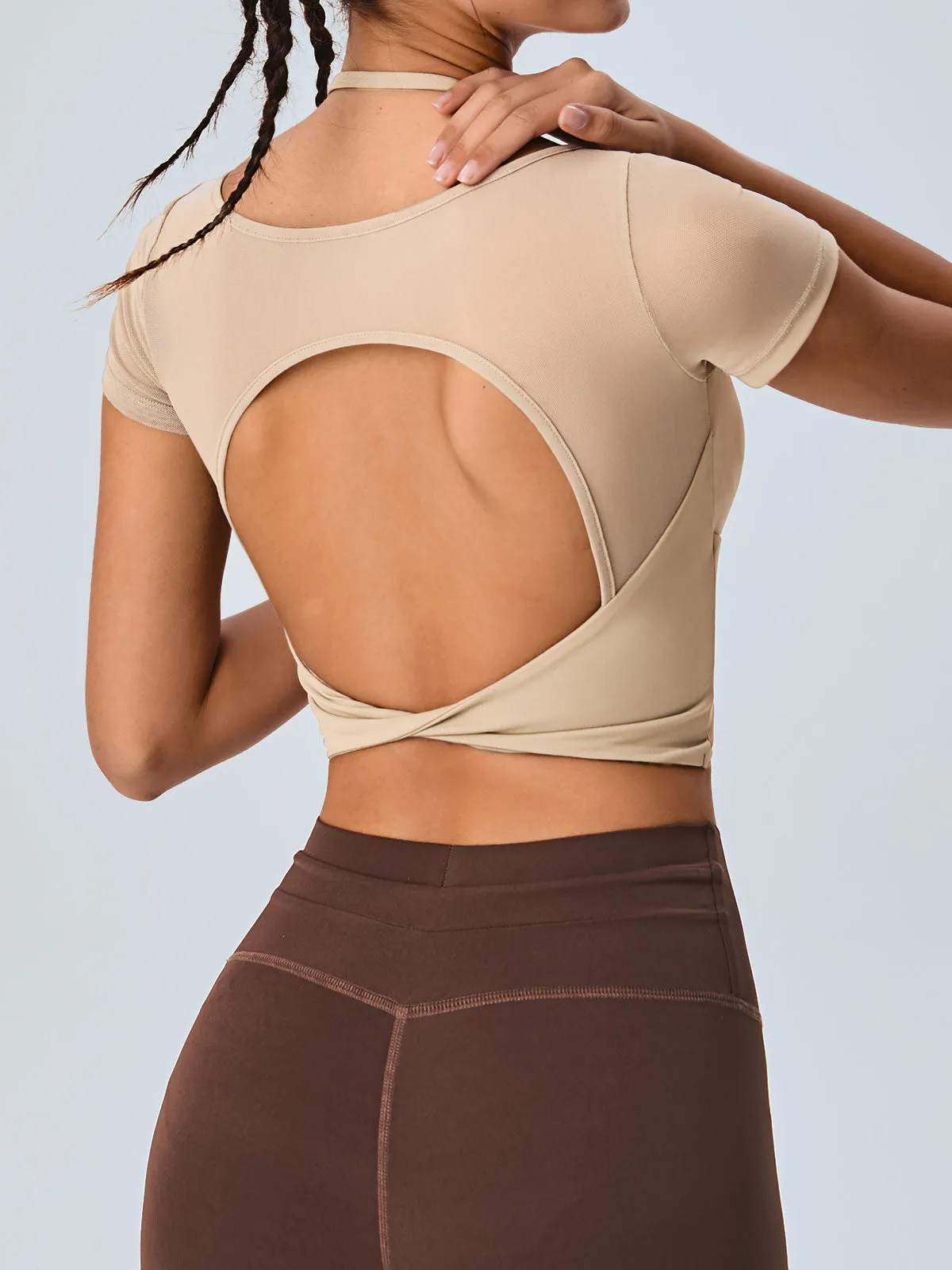 Khaki Backless Cross Short Sleeve Top sold by BERLOOK