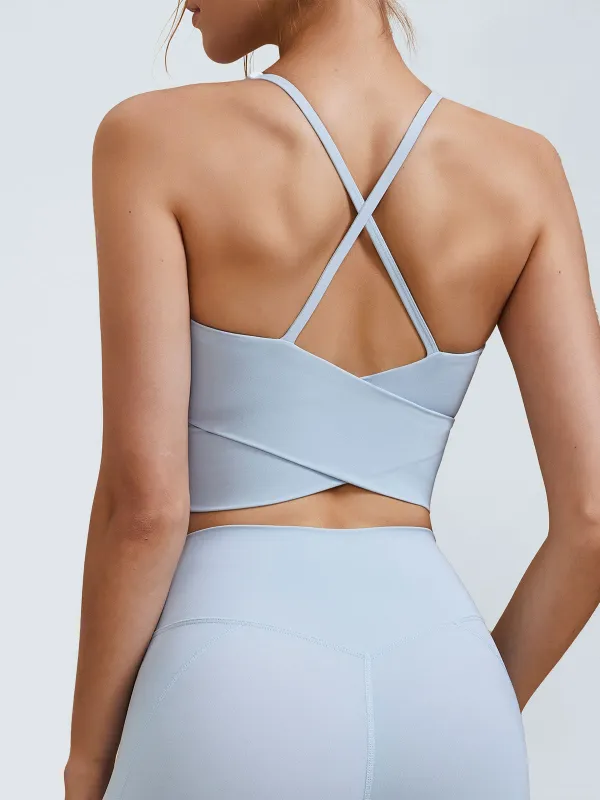 Light Blue V Neck X-Cross Sports Bra - Medium Support sold by BERLOOK