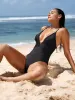 Black V Neck Ruched One-Piece Swimsuit sold by BERLOOK