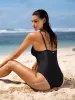 Black V Neck Ruched One-Piece Swimsuit sold by BERLOOK