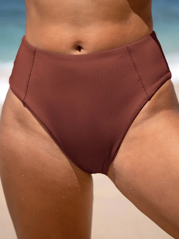 Coffee Ribbed Seam Full Coverage Bikini Bottom sold by BERLOOK