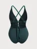 Dark Green Drawstring Plus Size One-Piece Swimsuit sold by BERLOOK