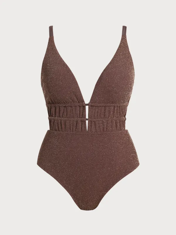 Dark Coffee Drawstring Plus Size One-Piece Swimsuit sold by BERLOOK