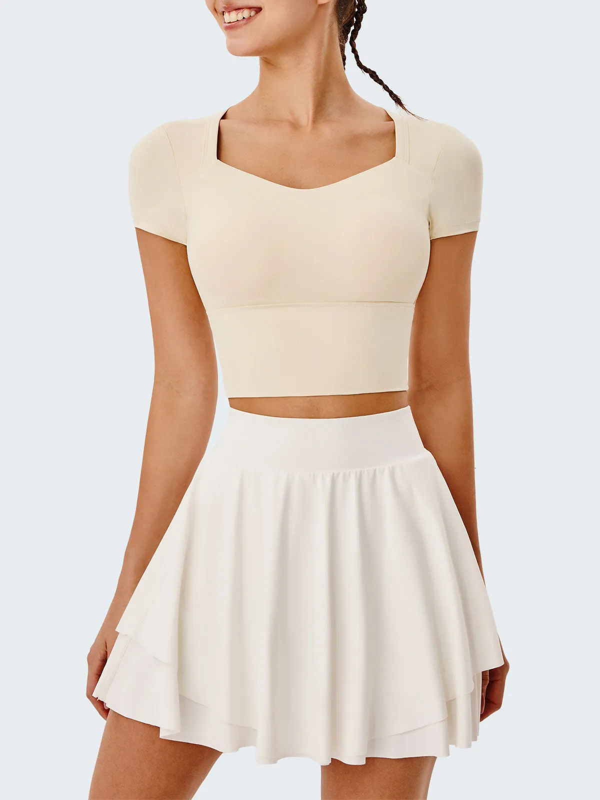 Cream U Neck Cutout Short Sleeve Top sold by BERLOOK product image thumbnail 3