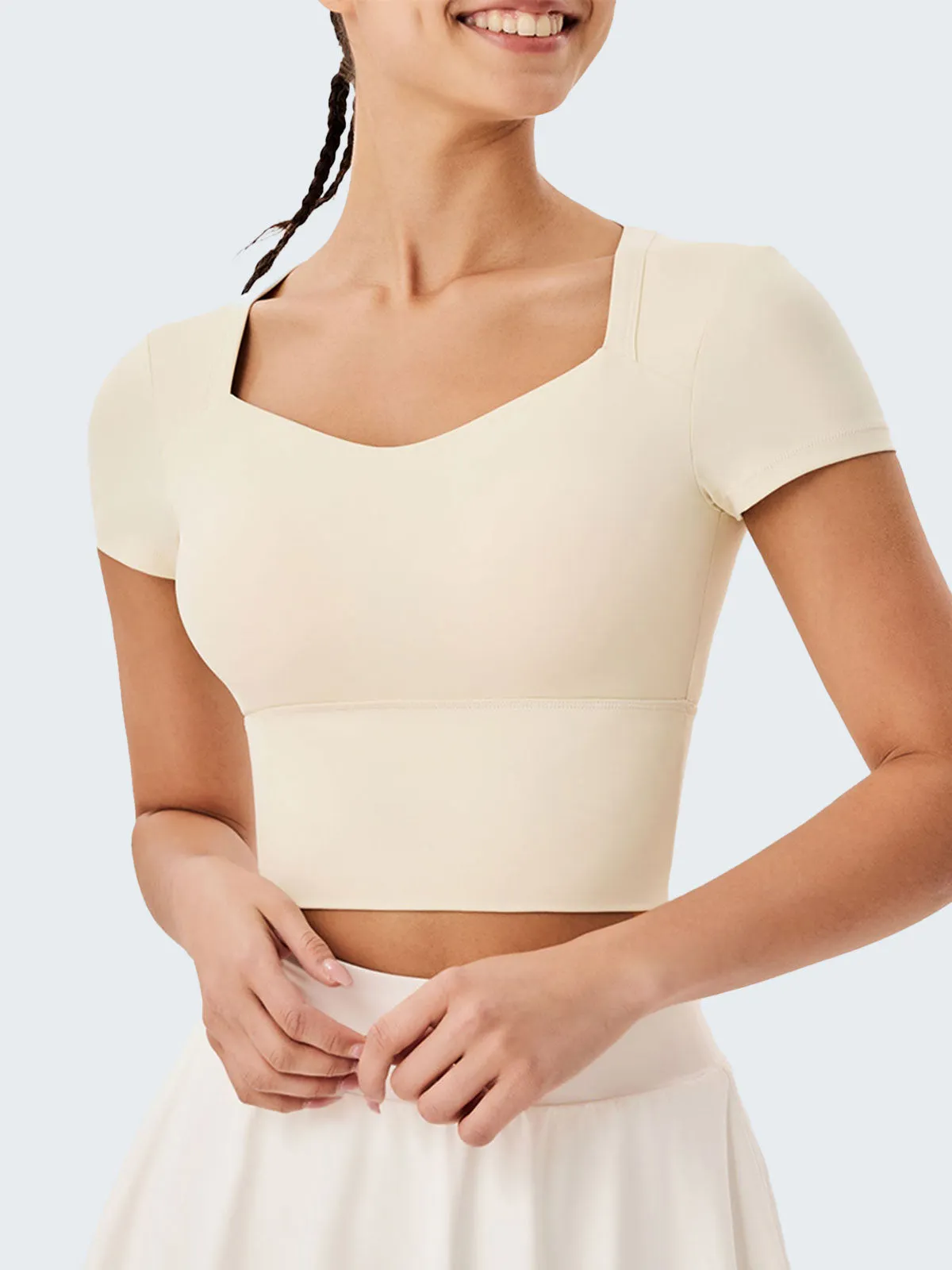 Cream U Neck Cutout Short Sleeve Top sold by BERLOOK