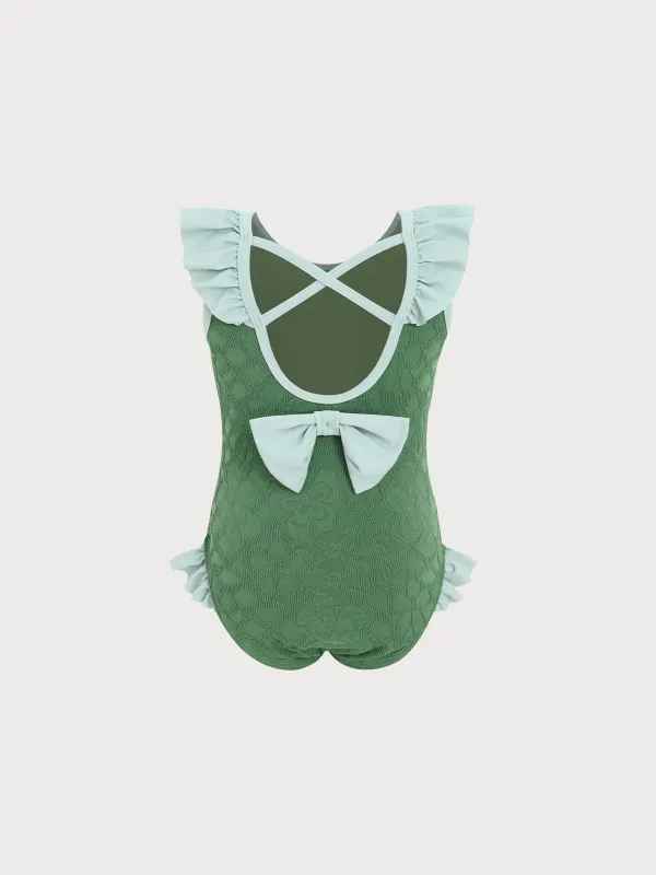 Girls Dark Green Jacquard One-Piece sold by BERLOOK