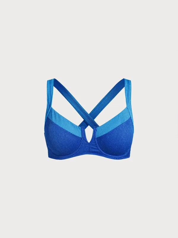 Blue Contrast V-Notch Plus Size Bikini Top sold by BERLOOK