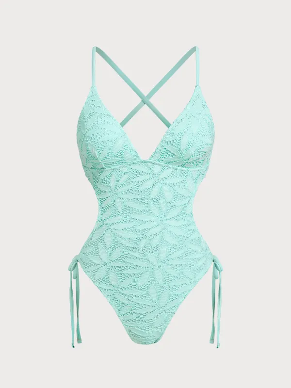 Cyan V Neck Backless One-Piece Swimsuit sold by BERLOOK