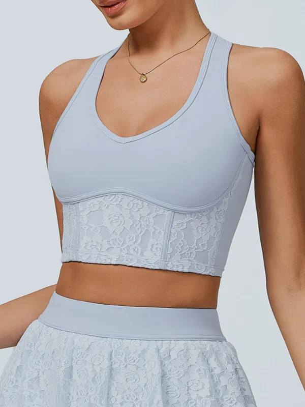 Light Blue Lace Trimmed V-Neck Sports Bra sold by BERLOOK