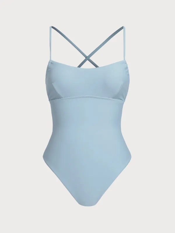Light Blue Ribbed Cross Back One-Piece Swimsuit sold by BERLOOK