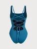 Blue Square Neck Tummy Control One-Piece Swimsuit sold by BERLOOK
