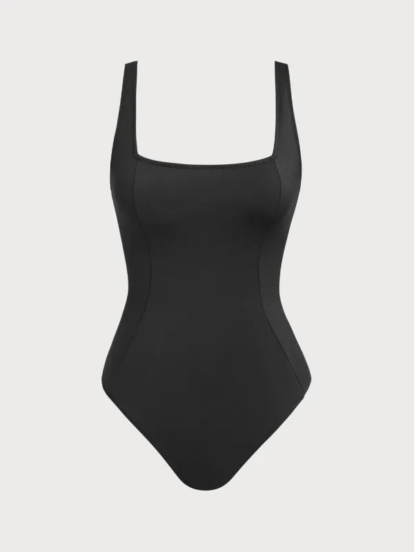 Black Square Neck Tummy Control One-Piece Swimsuit sold by BERLOOK