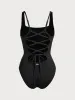 Black Square Neck Tummy Control One-Piece Swimsuit sold by BERLOOK