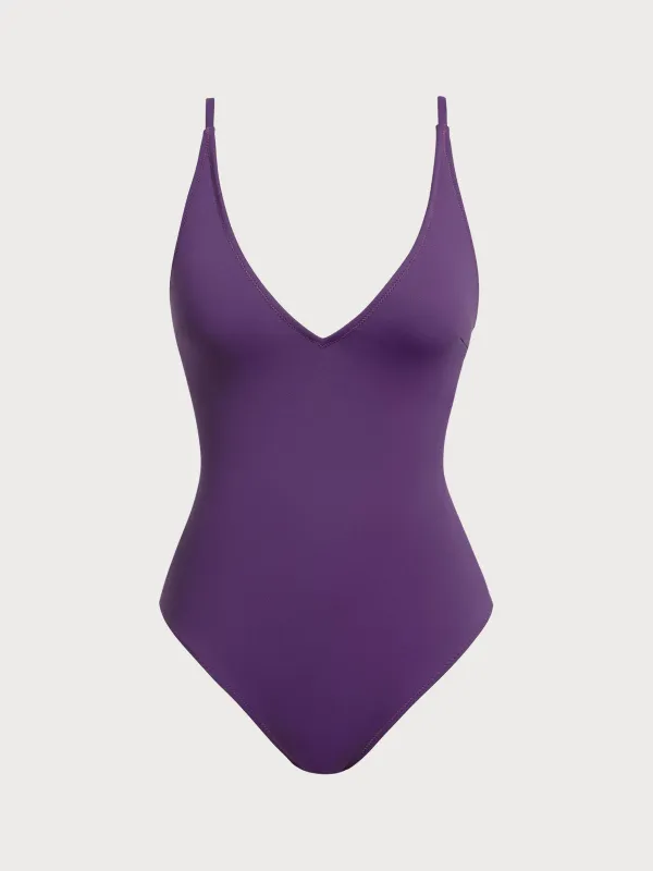 Purple V Neck Tummy Control One-Piece Swimsuit sold by BERLOOK