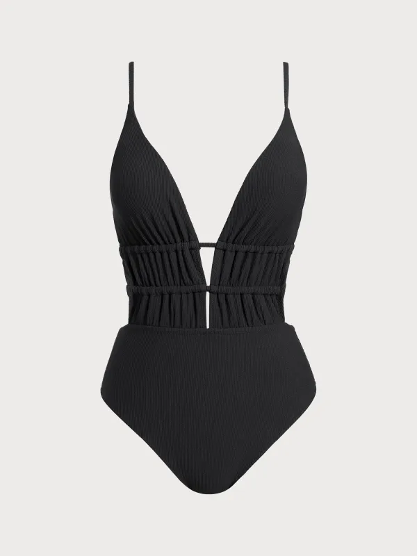 Black Textured Plunge One-Piece Swimsuit sold by BERLOOK