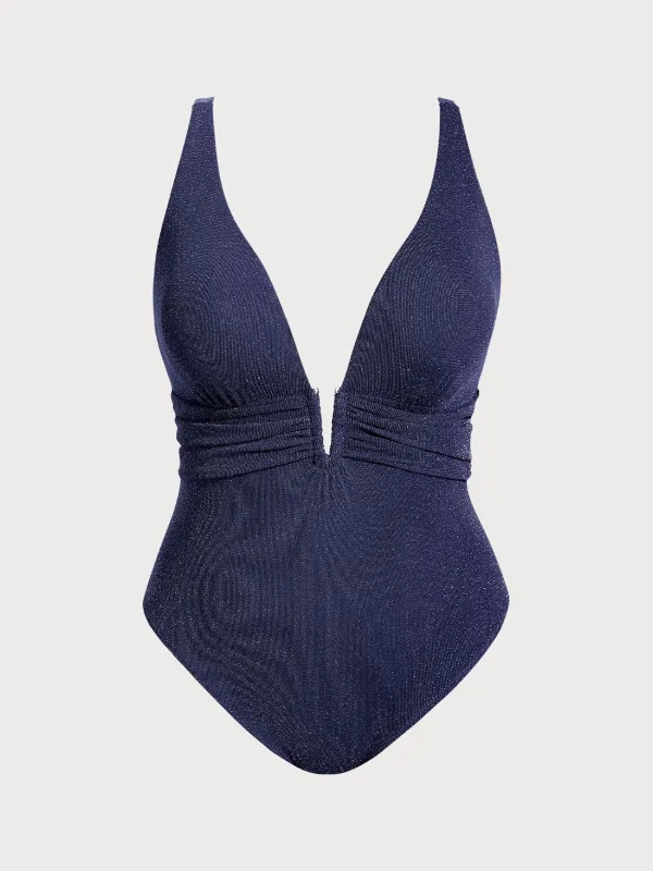 Blue V Neck Plus Size One-Piece Swimsuit sold by BERLOOK