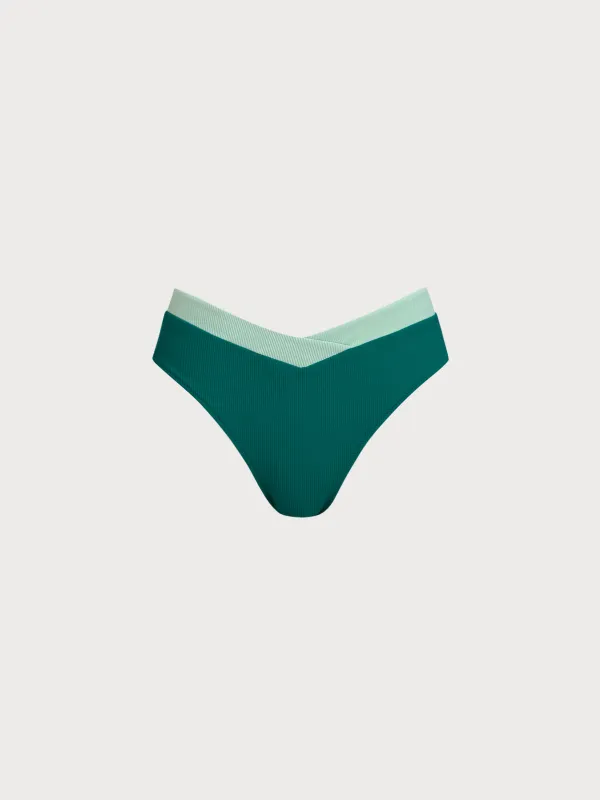 Green Contrast Trim V-Cut Full Coverage Bikini Bottom sold by BERLOOK
