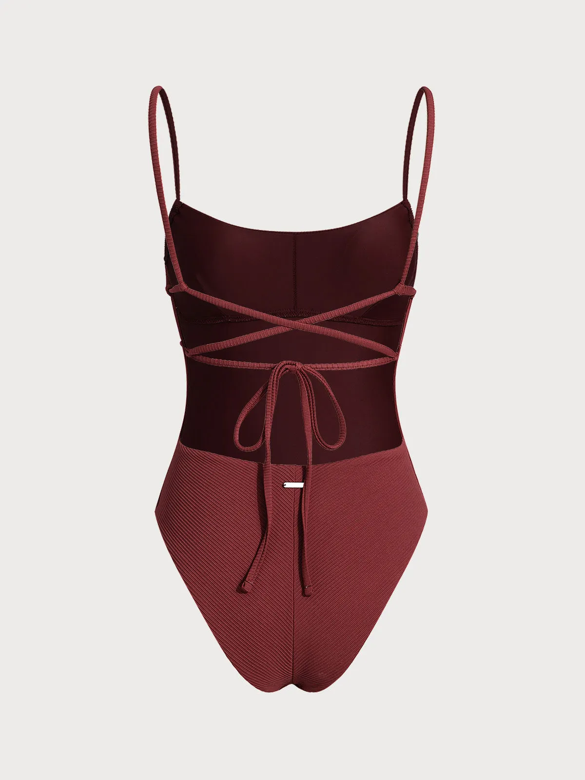 Wine Red Ribbed Cross Back One-Piece Swimsuit sold by BERLOOK product image thumbnail 2