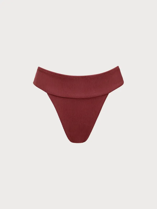 Wine Red Ribbed High Cut Bikini Bottom sold by BERLOOK