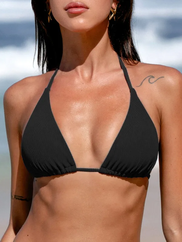 Black Solid Halter Triangle Bikini Top sold by BERLOOK