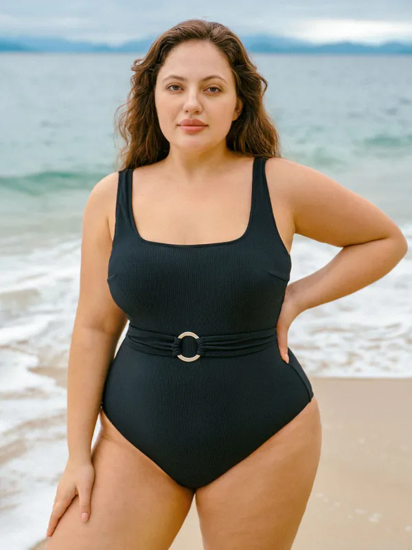 Black U-shape Plus Size One-Piece Swimsuit sold by BERLOOK