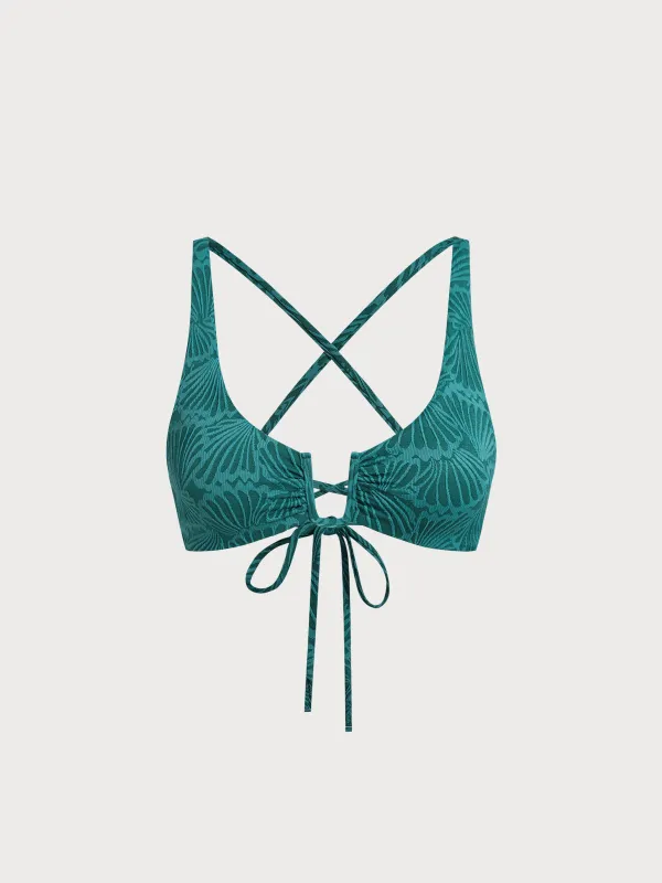 Dark Green Jacquard U-Ring Cross Back Bikini Top sold by BERLOOK