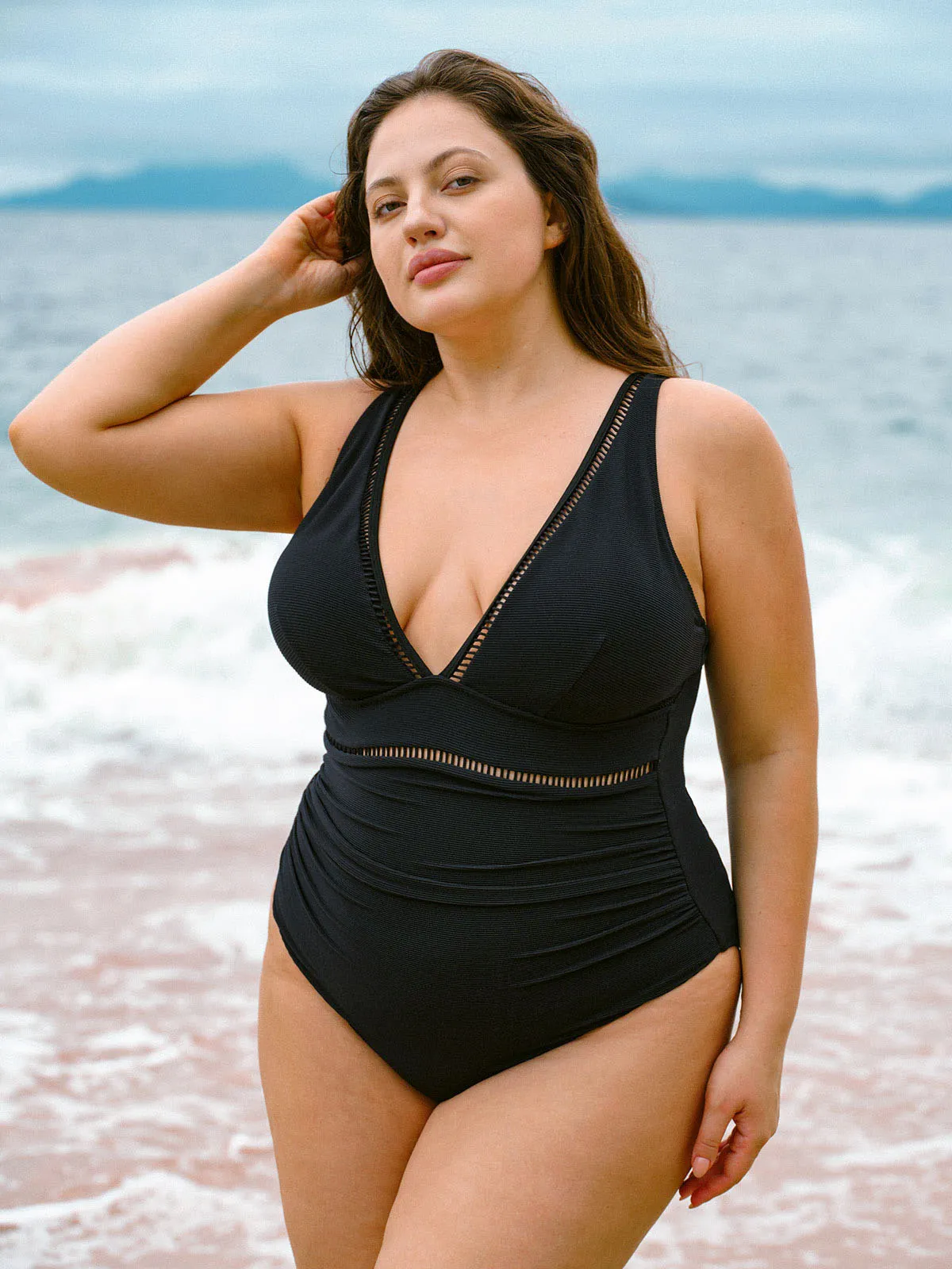 Black V Neck Ruched Plus Size One-Piece Swimsuit sold by BERLOOK product image thumbnail 4