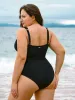 Black V Neck Ruched Plus Size One-Piece Swimsuit sold by BERLOOK