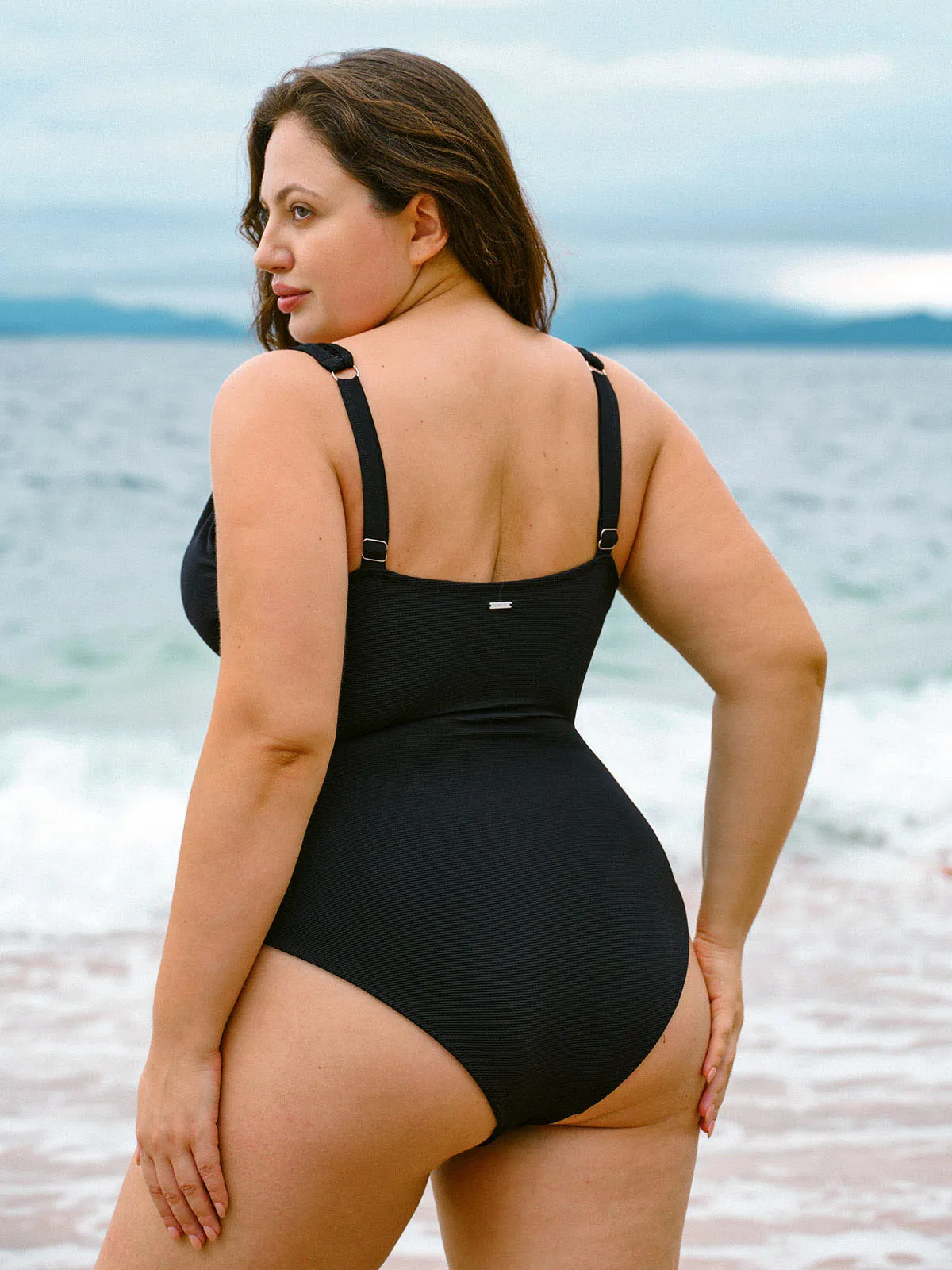 Black V Neck Ruched Plus Size One-Piece Swimsuit sold by BERLOOK product image thumbnail 2
