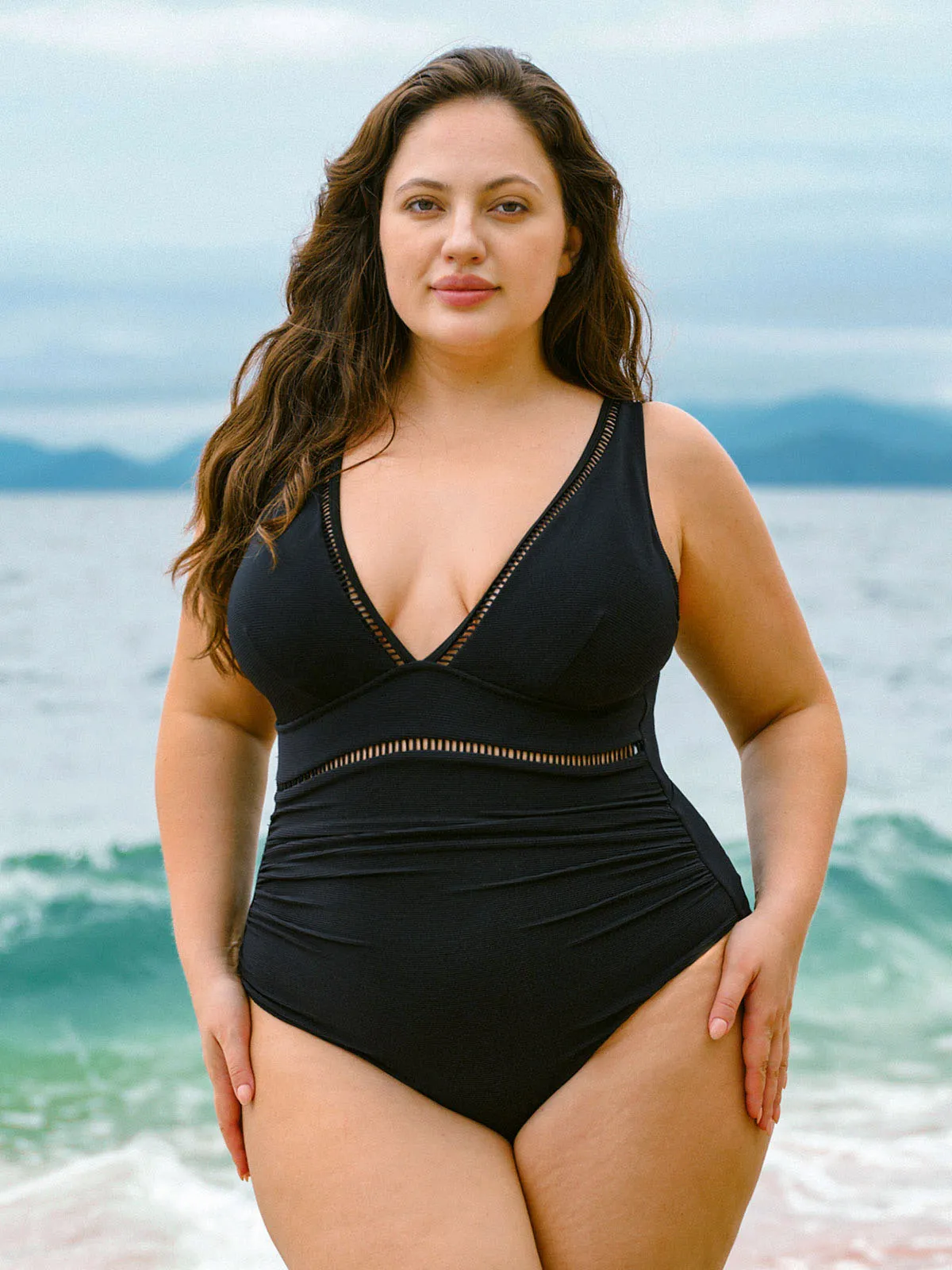 Black V Neck Ruched Plus Size One-Piece Swimsuit sold by BERLOOK