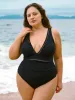 Black V Neck Ruched Plus Size One-Piece Swimsuit sold by BERLOOK