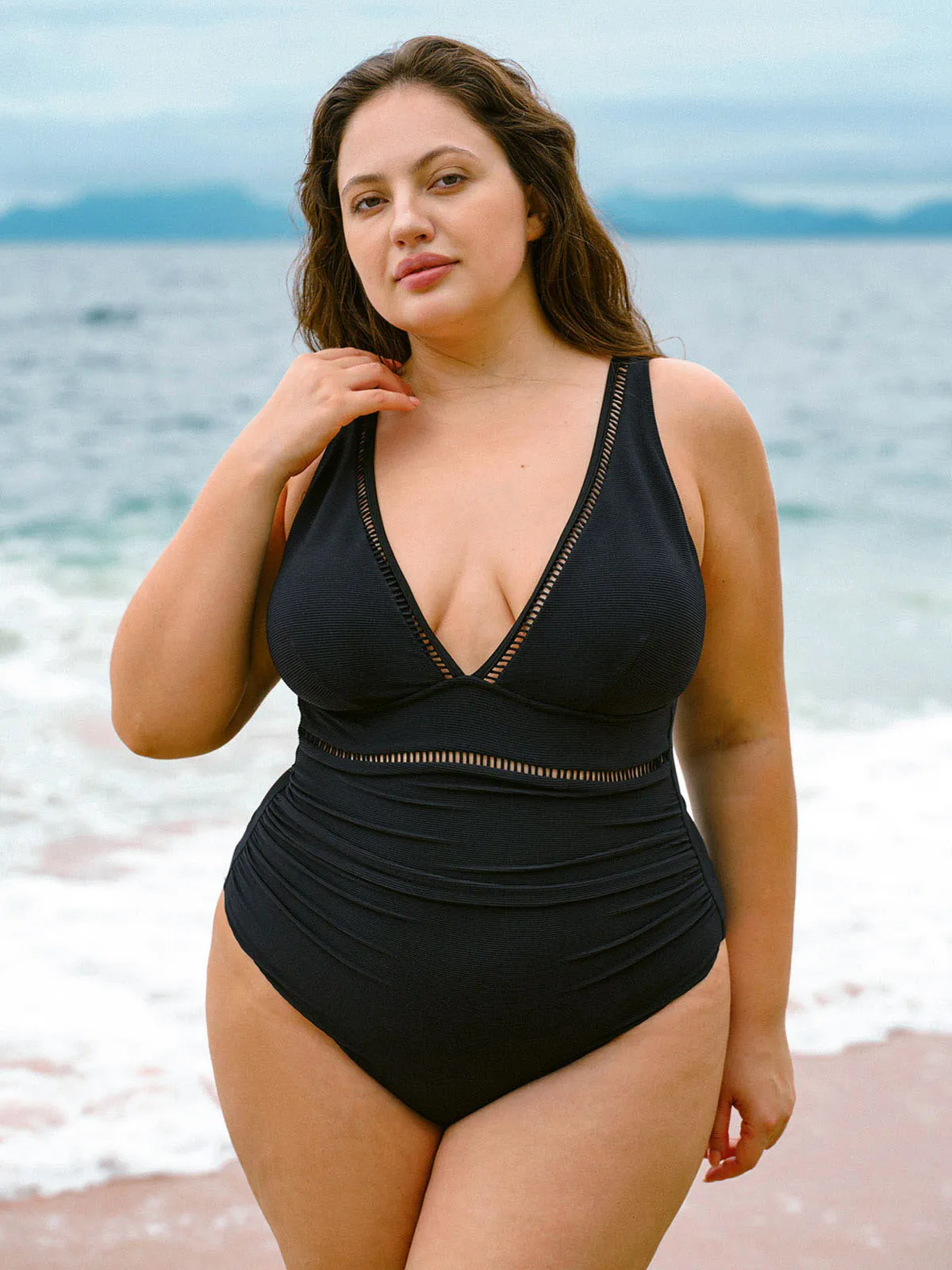 Black V Neck Ruched Plus Size One-Piece Swimsuit sold by BERLOOK product image thumbnail 3