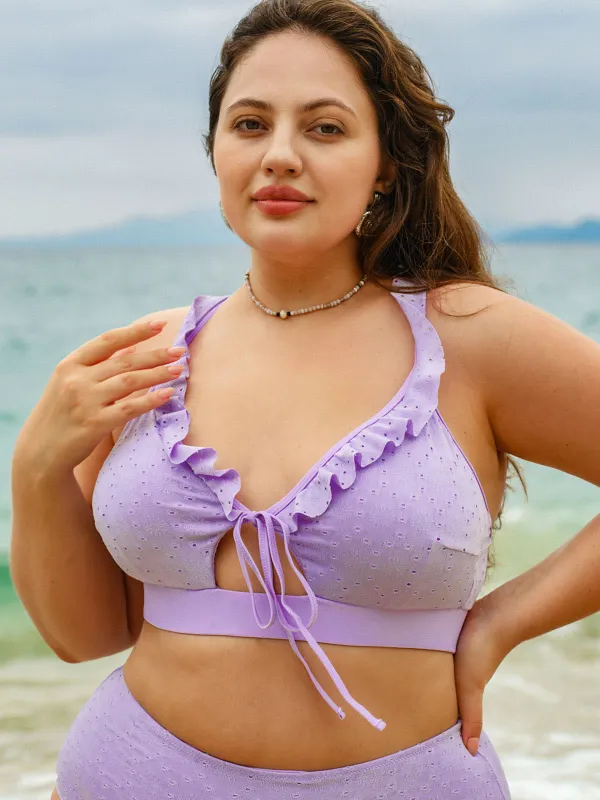 Purple Ruffled Drawstring Plus Size Bikini Top sold by BERLOOK