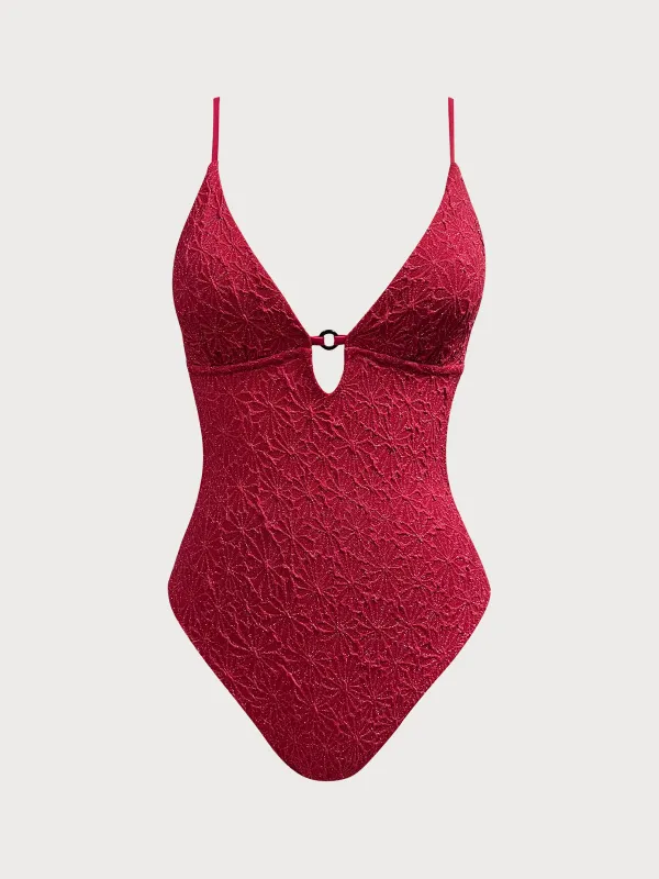 Wine Red Textured Cutout One Piece Swimwear sold by BERLOOK