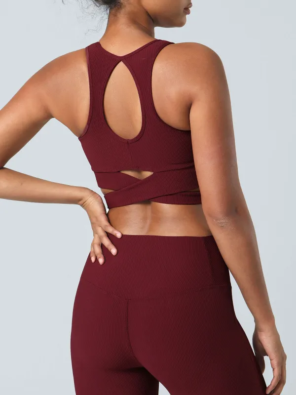 Dark Red Crisscross Back Sports Bra sold by BERLOOK