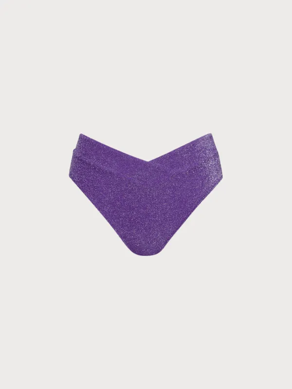 Purple Lurex V Cut Full Coverage Bikini Bottom sold by BERLOOK