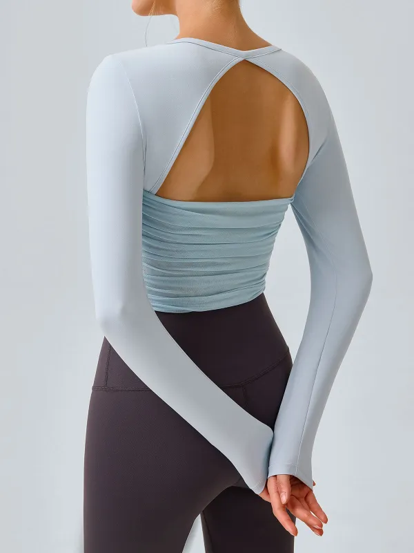 Light Blue Cutout Ruched Long Sleeve Top sold by BERLOOK