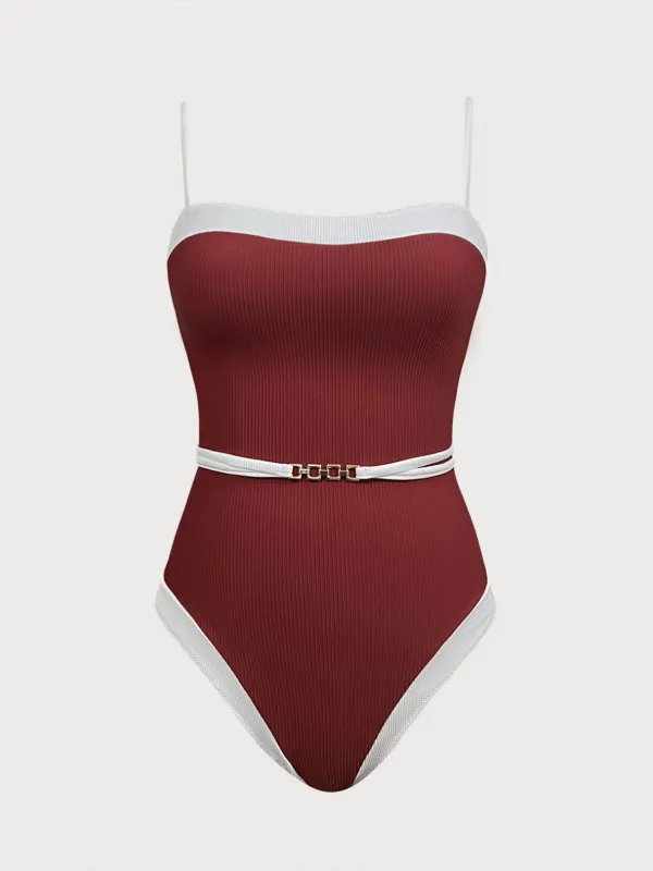Wine Red Contrast Gleam One-Piece Swimsuit sold by BERLOOK