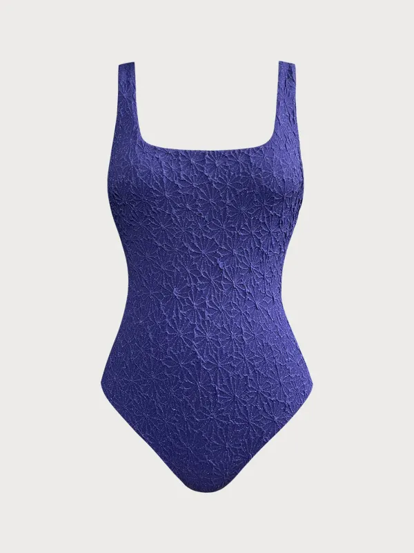 Navy Textured U-shape Backless One-Piece Swimsuit sold by BERLOOK