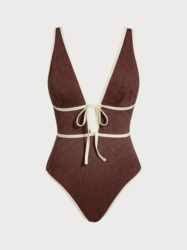 Dark Coffee V Neck Tie One-Piece Swimsuit sold by BERLOOK