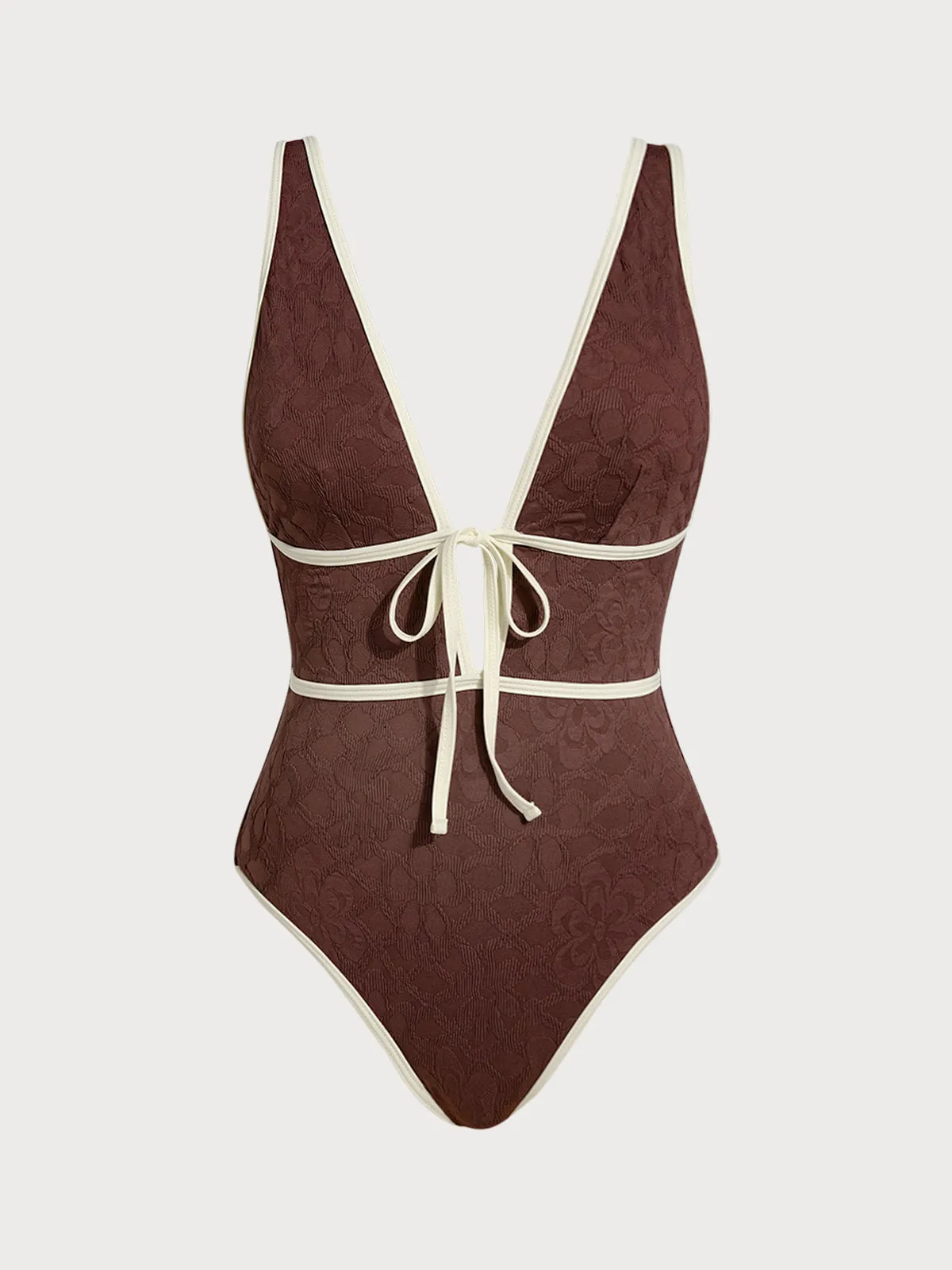 Dark Coffee V Neck Tie One-Piece Swimsuit sold by BERLOOK
